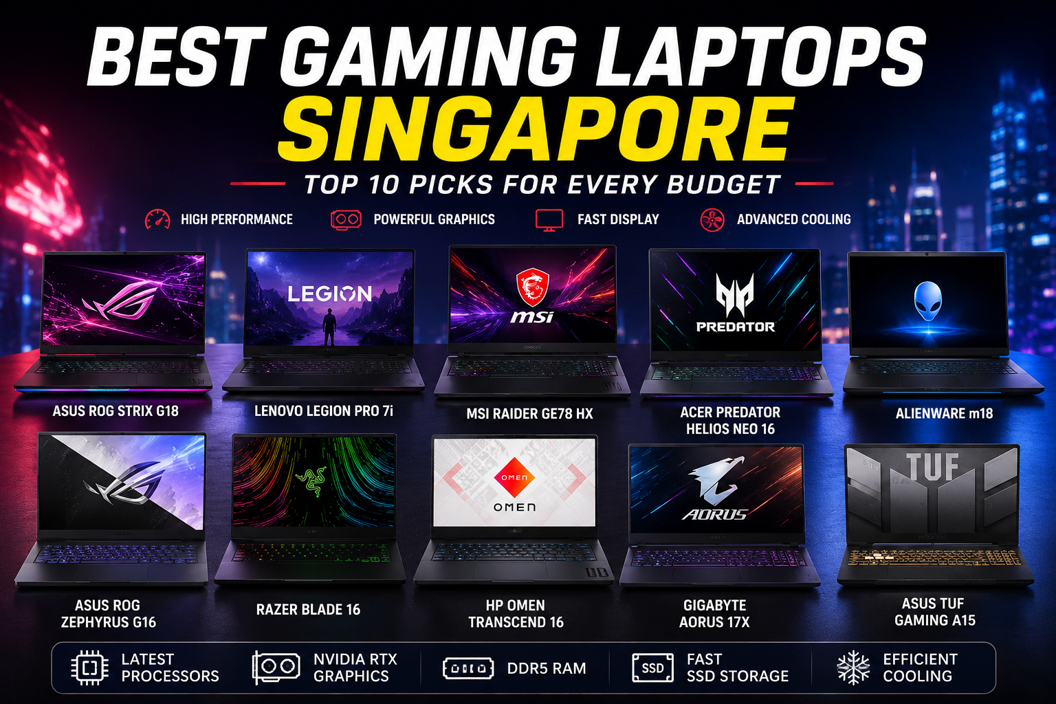 Best Gaming Laptops Singapore featuring the top gaming laptops for performance, RTX graphics, and high refresh rate displays.
