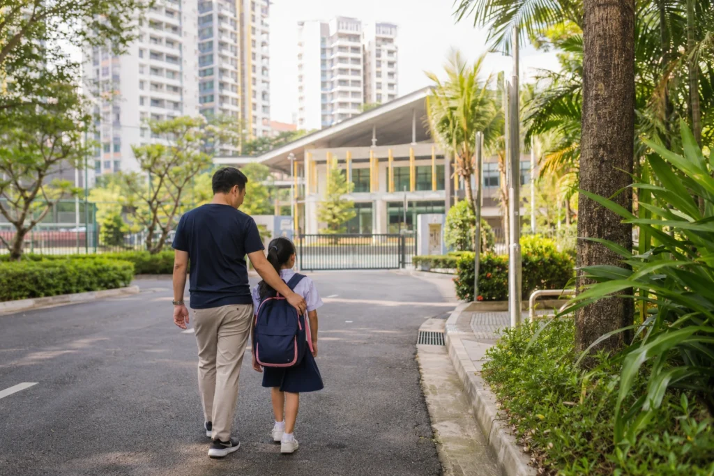 Parent and child walking to a nearby primary school in Singapore