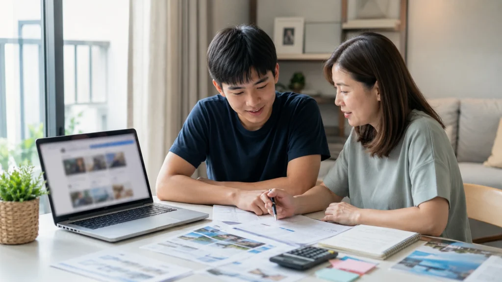 Student and parent comparing Singapore JC choices based on COP