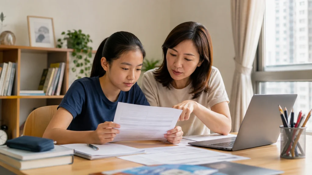 Parent and student comparing PSLE AL scores and secondary school cut-offs