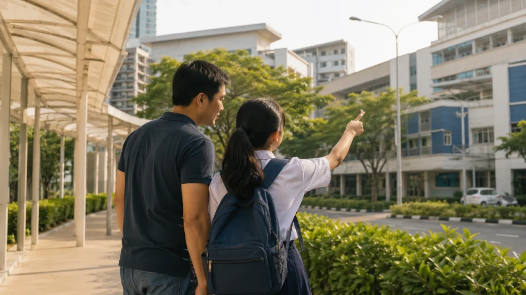 Parent and student considering secondary school choices in Singapore