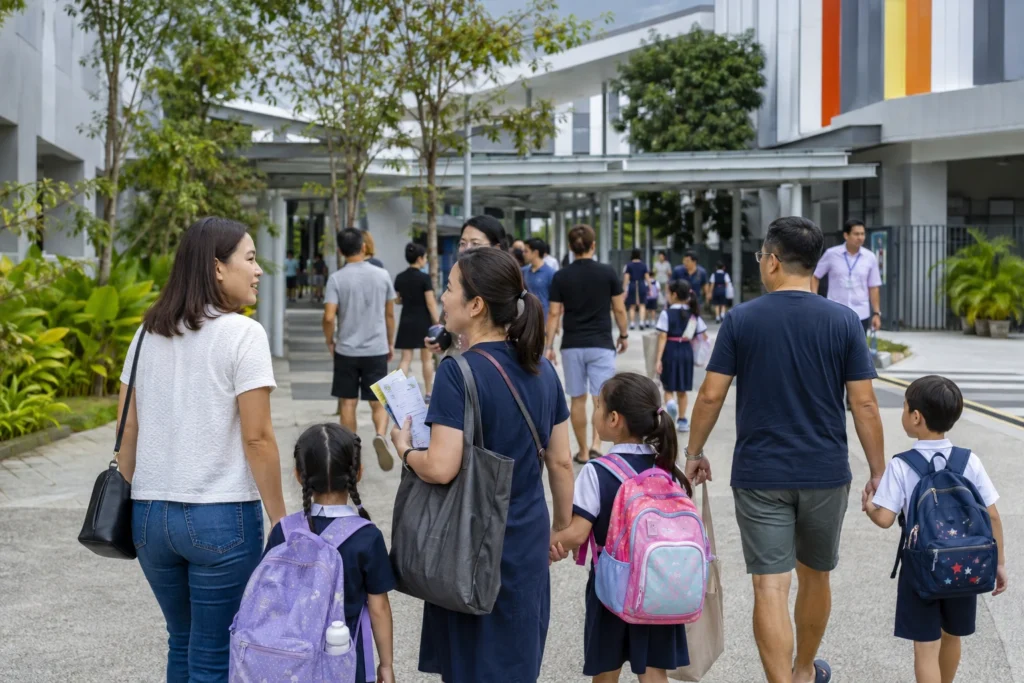 Parents and children at a Singapore primary school during P1 registration