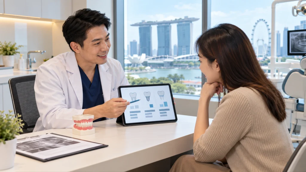 Patient discussing tooth filling costs and dental subsidies with a dentist in Singapore