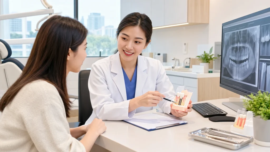 Dentist discussing dental filling treatment and costs with a patient in Singapore