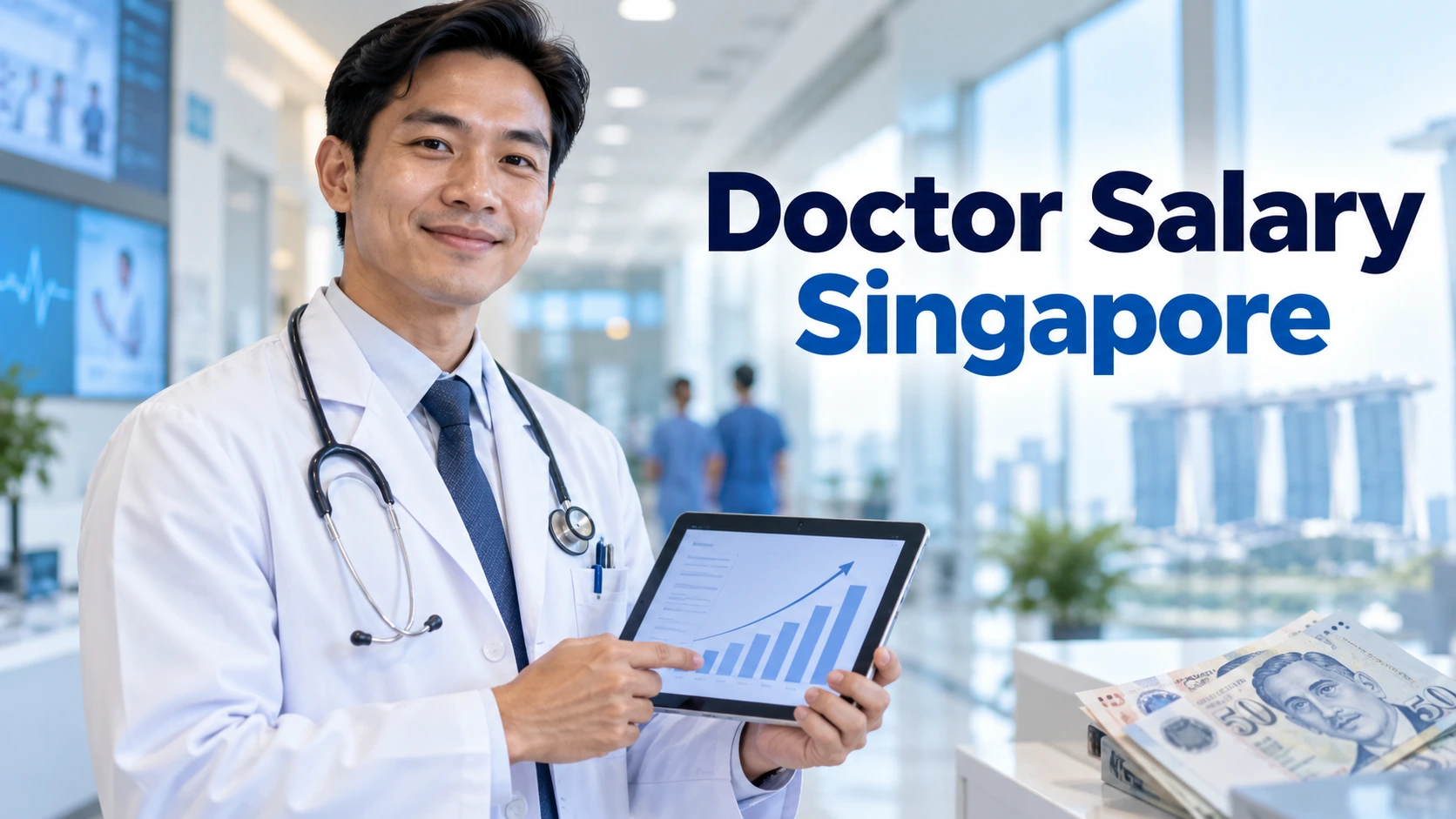 Doctor salary Singapore guide showing a doctor in a modern hospital