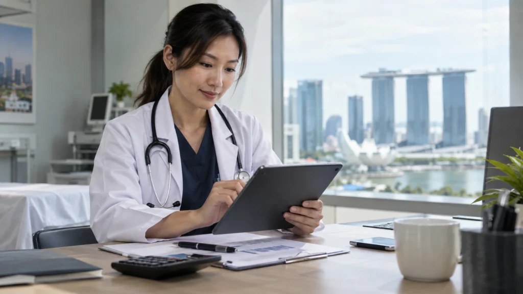 Doctor reviewing monthly salary information in Singapore