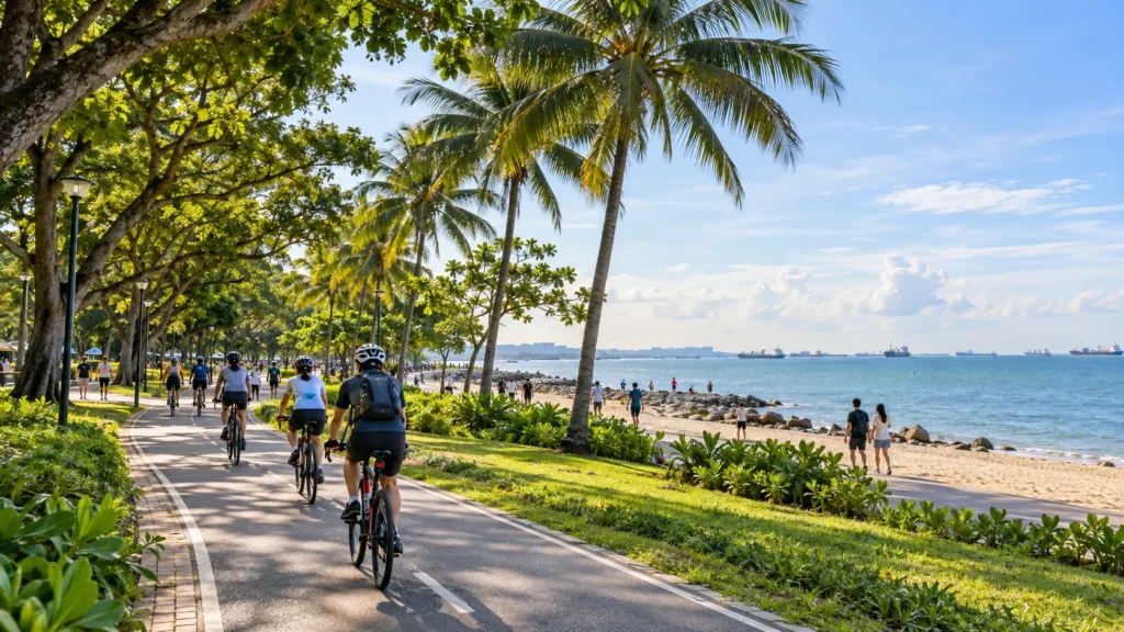 East Coast Park cycling path beside the coast in Singapore