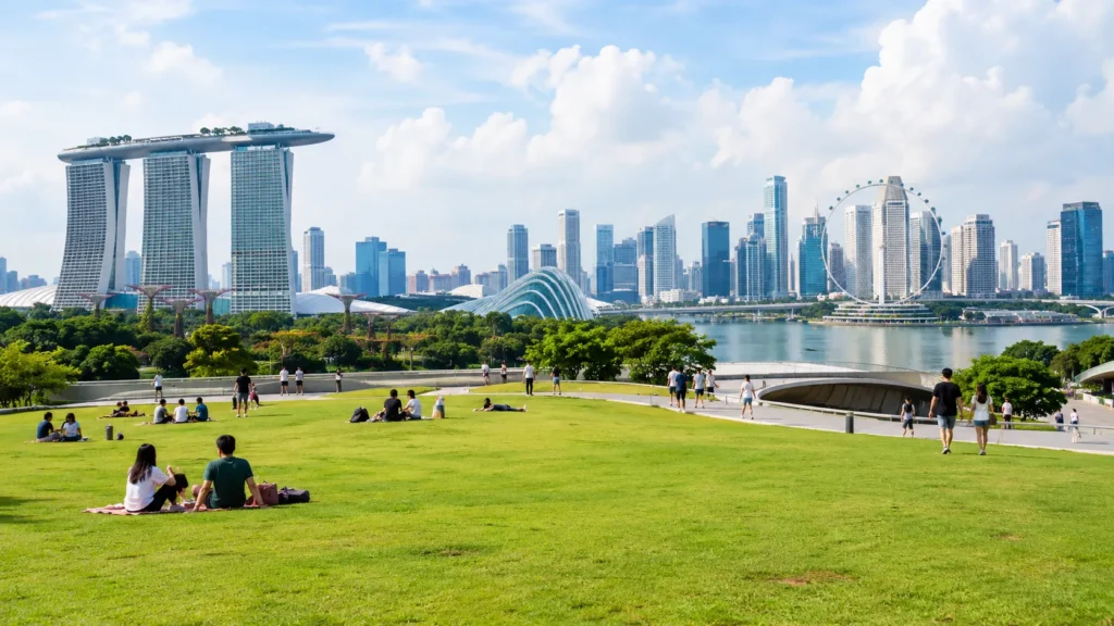 Marina Barrage Singapore Green Roof with Marina Bay skyline