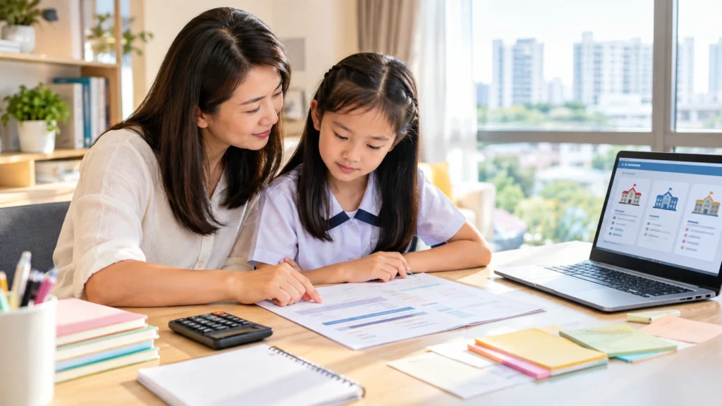 Parent and student comparing PSLE scores for secondary school choices