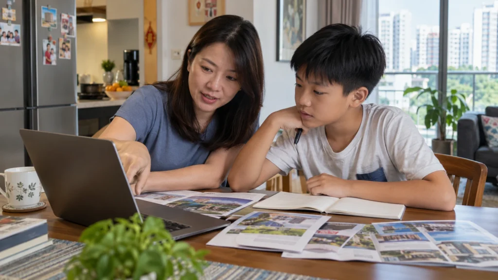 Singapore parent and child reviewing secondary school choices