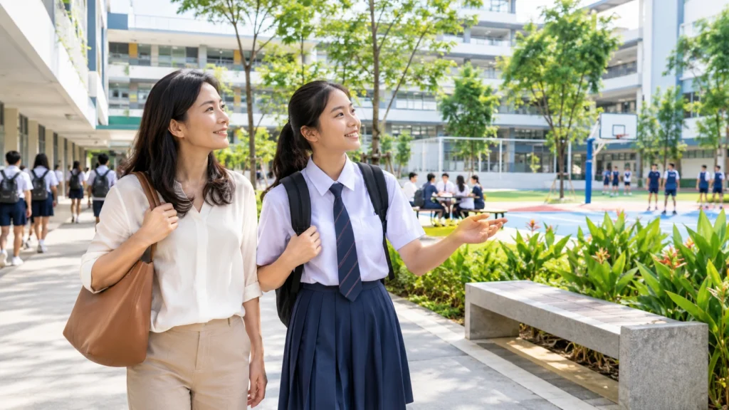 Parent and student considering Singapore secondary school selection
