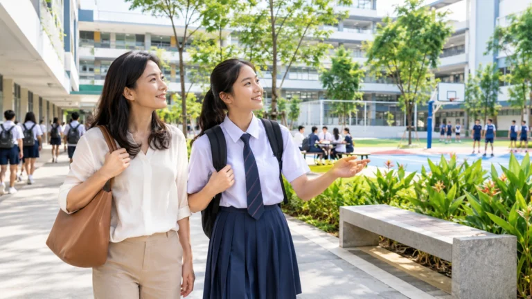 Parent and student considering Singapore secondary school selection