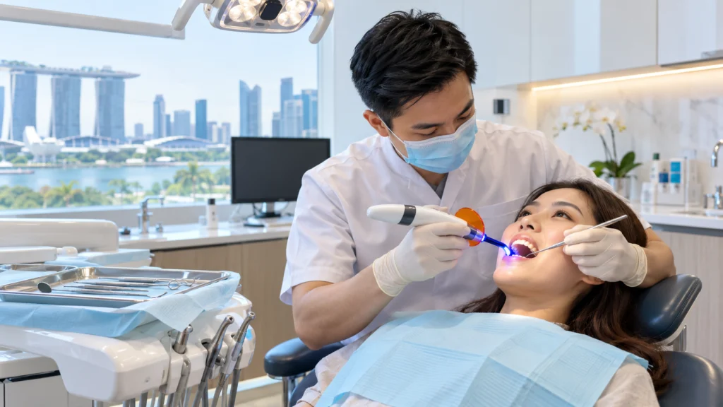 Dentist performing a tooth filling procedure in a Singapore dental clinic