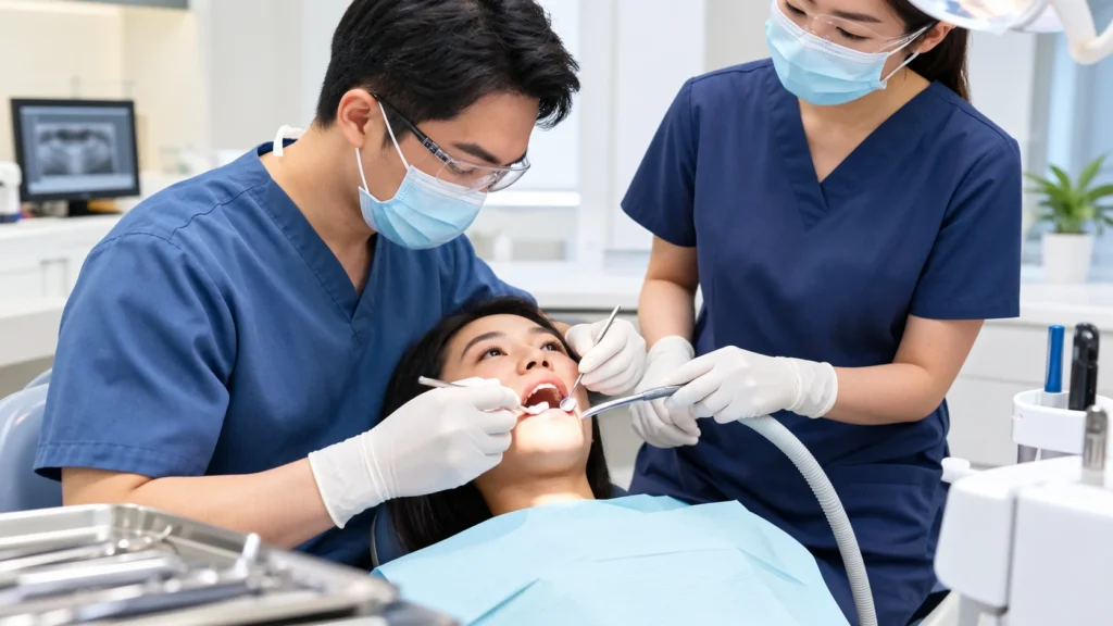 Dentist performing a tooth filling procedure at a dental clinic in Singapore
