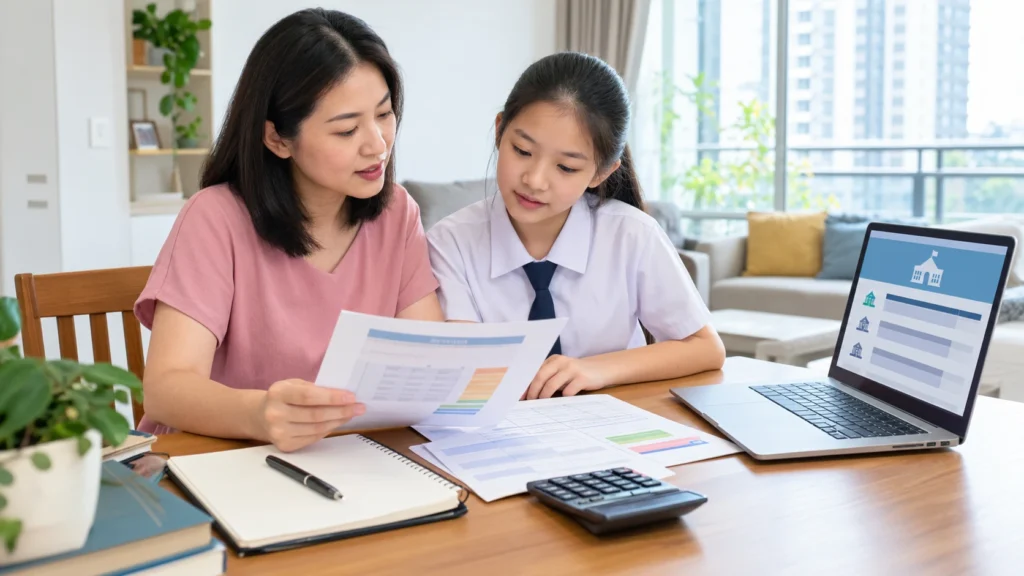 Parent reviewing secondary school COP and PSLE score range