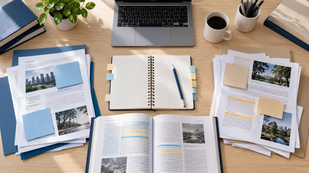 Two groups of research notes representing opposing arguments and rebuttals in essay writing