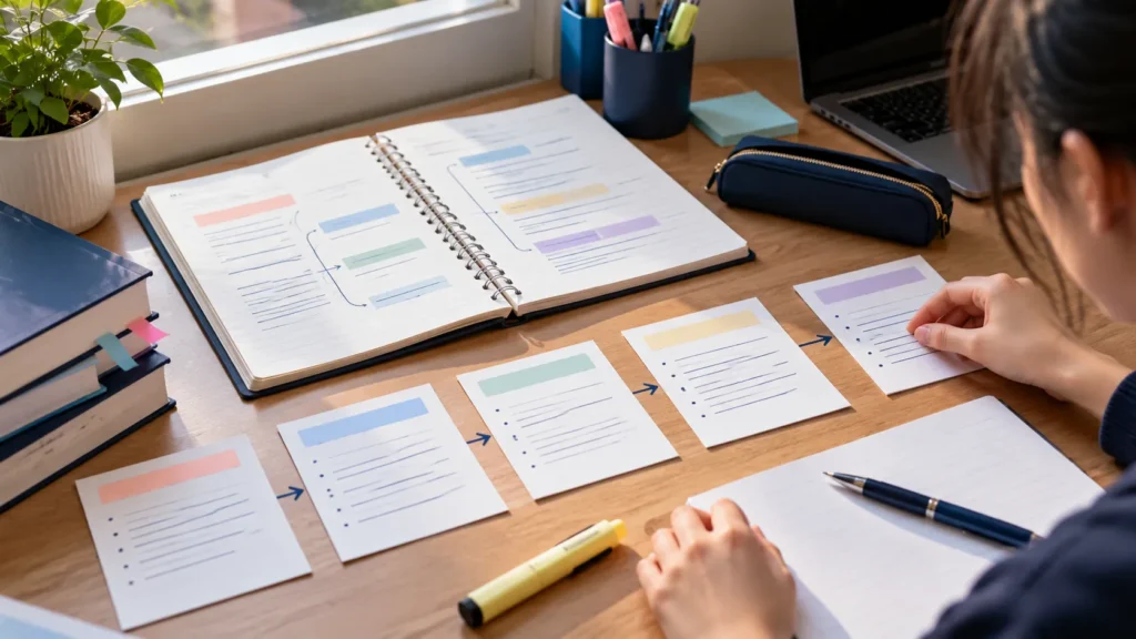 Notebook and organised study notes illustrating argumentative essay structure