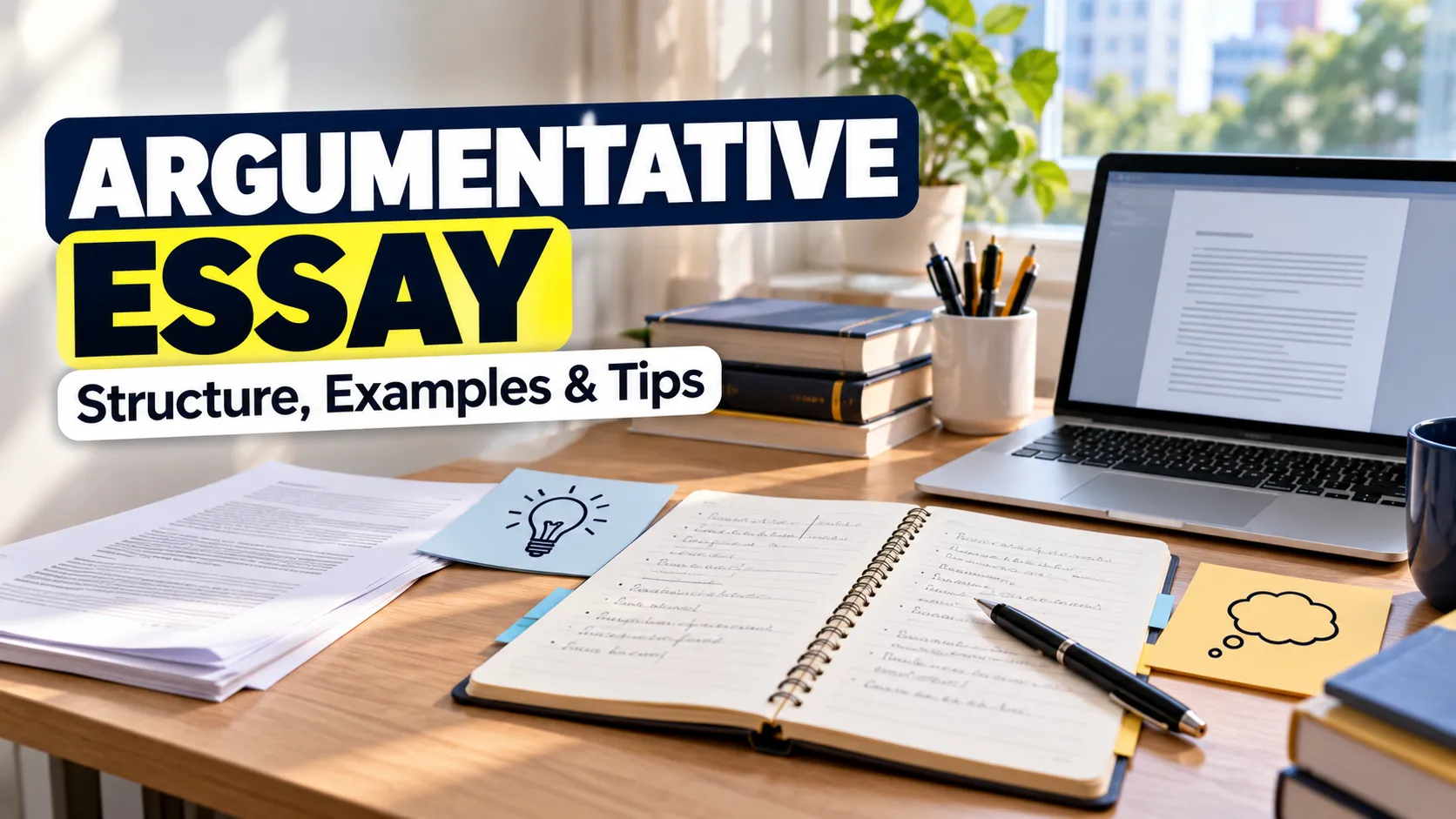 Argumentative essay writing featured image with notebook, research papers and study materials
