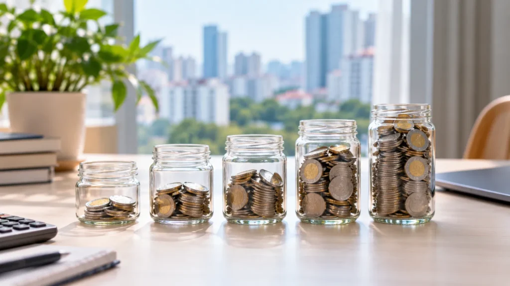 Singapore dollar coin stacks showing different levels of savings growth
