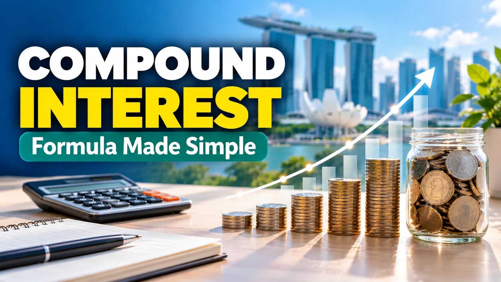 Compound interest formula thumbnail with Singapore dollar coins, savings jar and calculator