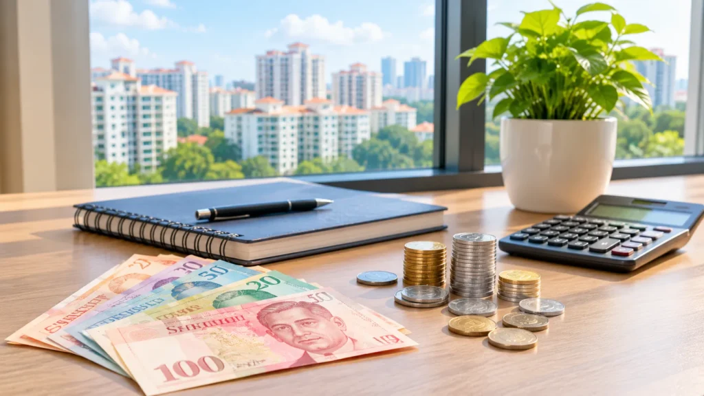 Singapore dollar notes and coins beside a calculator on a desk overlooking the city