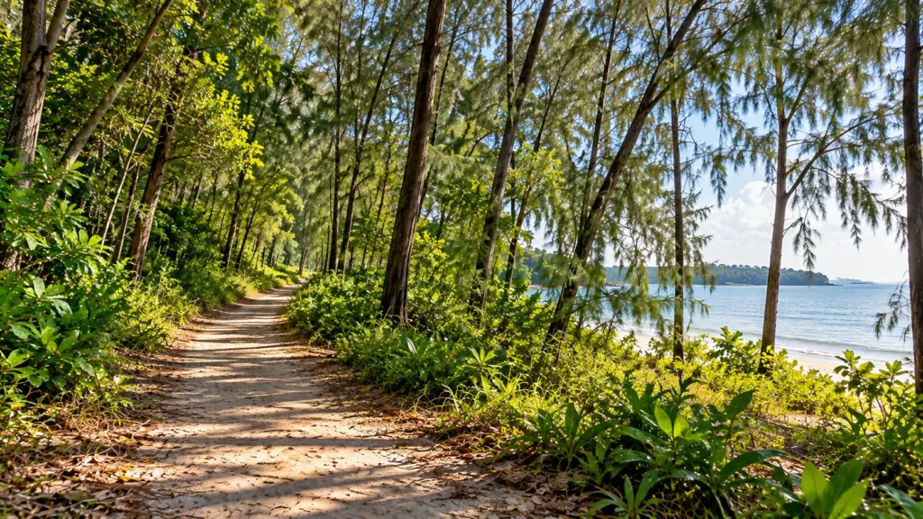Natural walking and cycling trail surrounded by trees at Coney Island Park Singapore