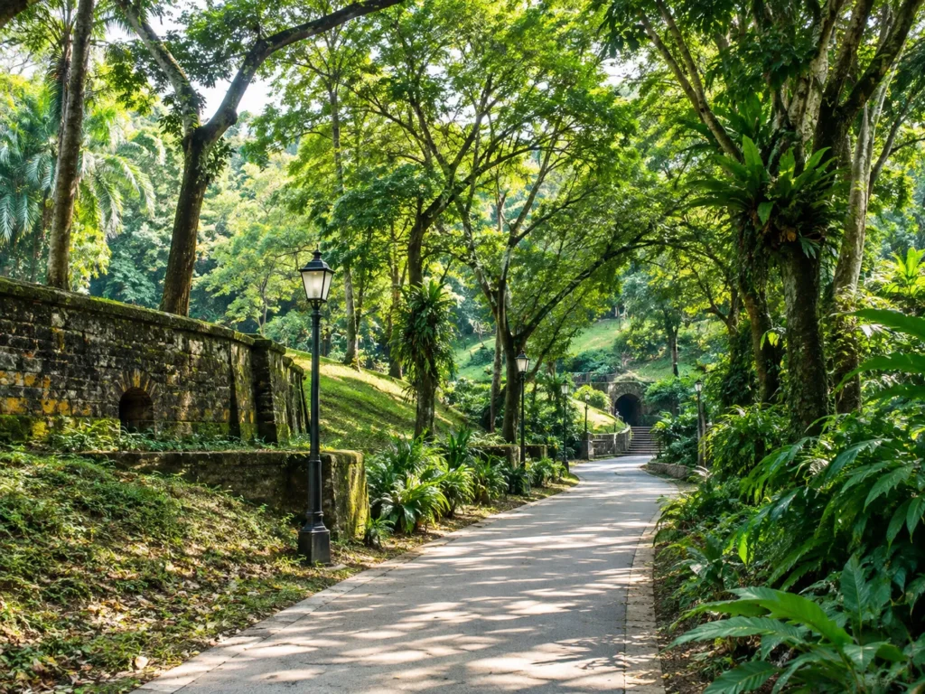 Green walking path surrounded by tropical trees at Fort Canning Park in Singapore