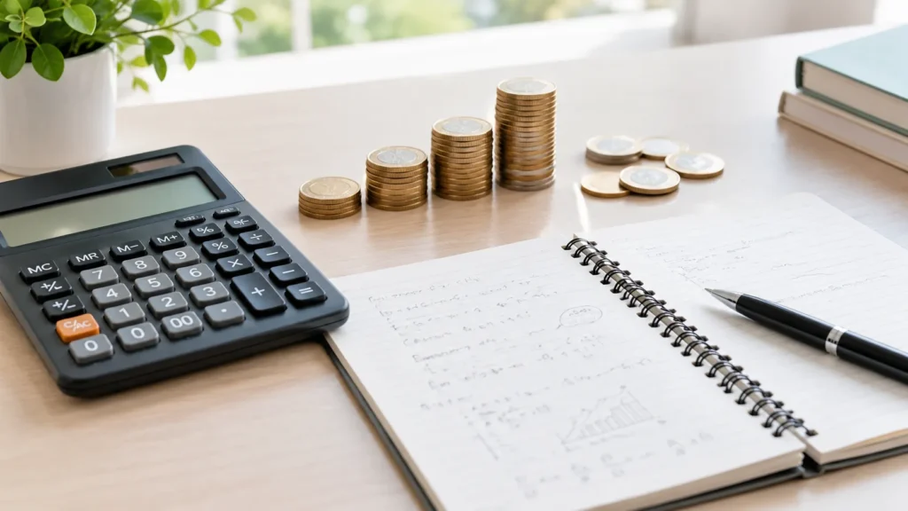 Calculator, notebook and Singapore dollar coins illustrating compound interest calculations