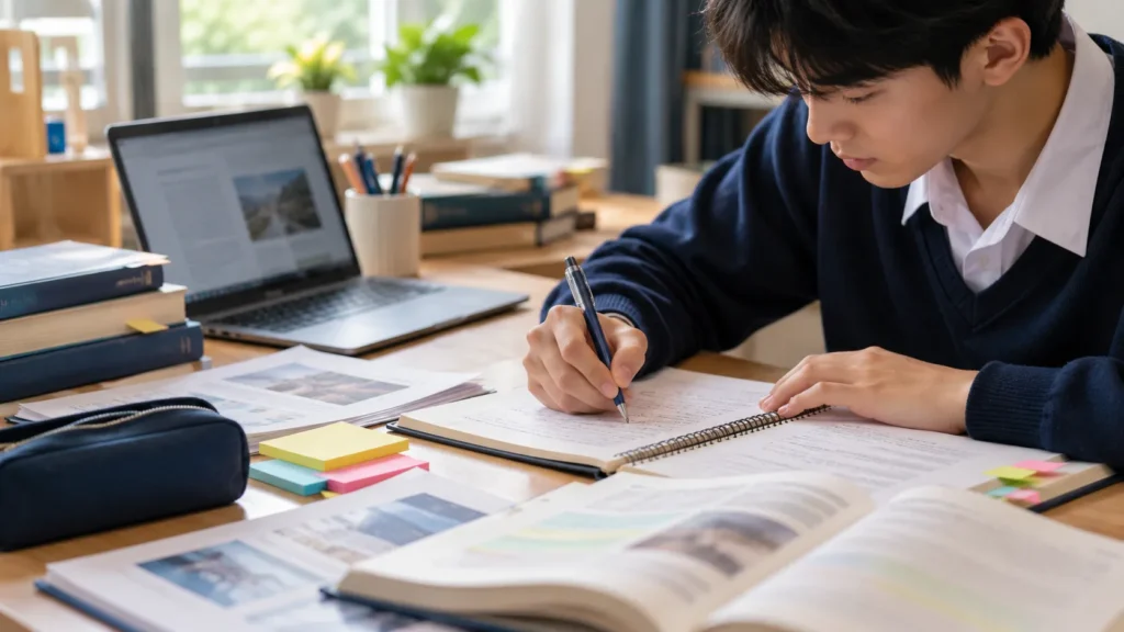 Student writing an argumentative essay beside a laptop, notebook, and research materials