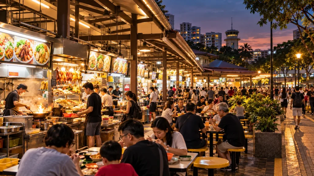 Evening dining atmosphere at Old Airport Road Food Centre Singapore