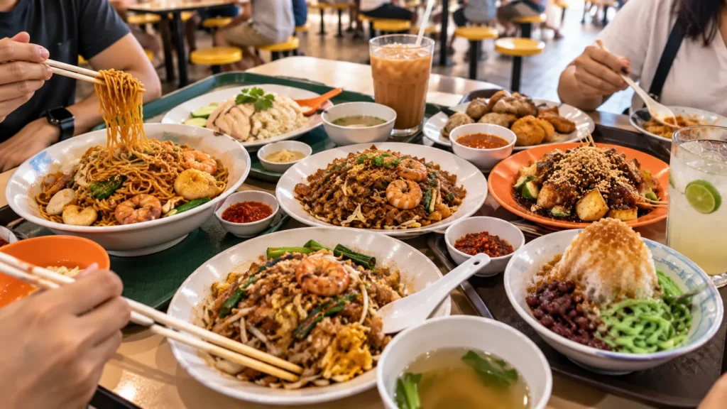 Singapore hawker food spread for a food crawl at Old Airport Road Food Centre