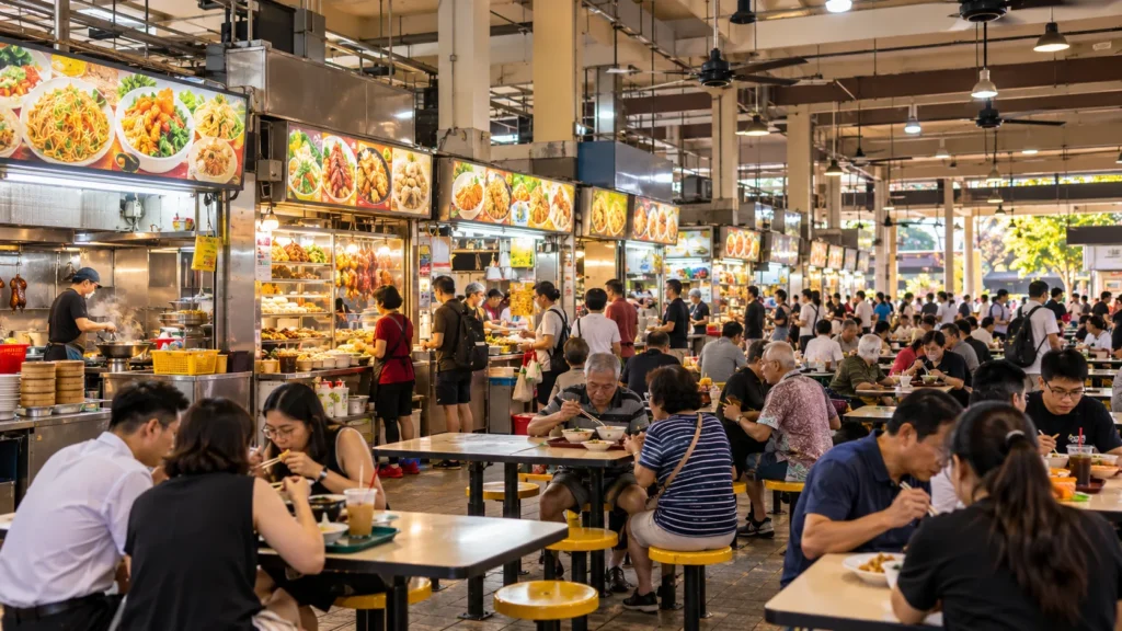Hawker stalls and diners inside Old Airport Road Food Centre Singapore
