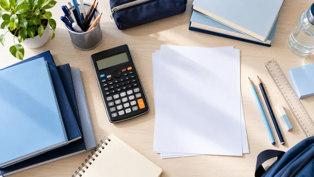 Study materials arranged on a desk for PSLE score and secondary school planning