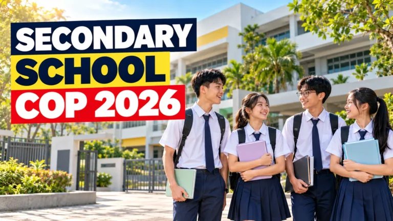 Singapore secondary school students outside a school campus for the 2026 cut-off points guide