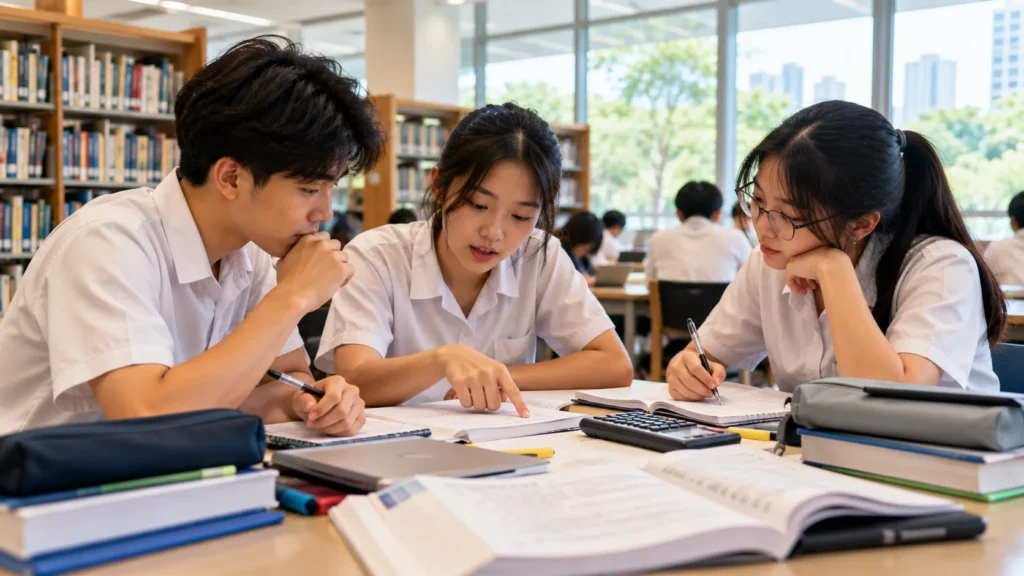 Singapore students reviewing exam papers while planning their JC admission scores
