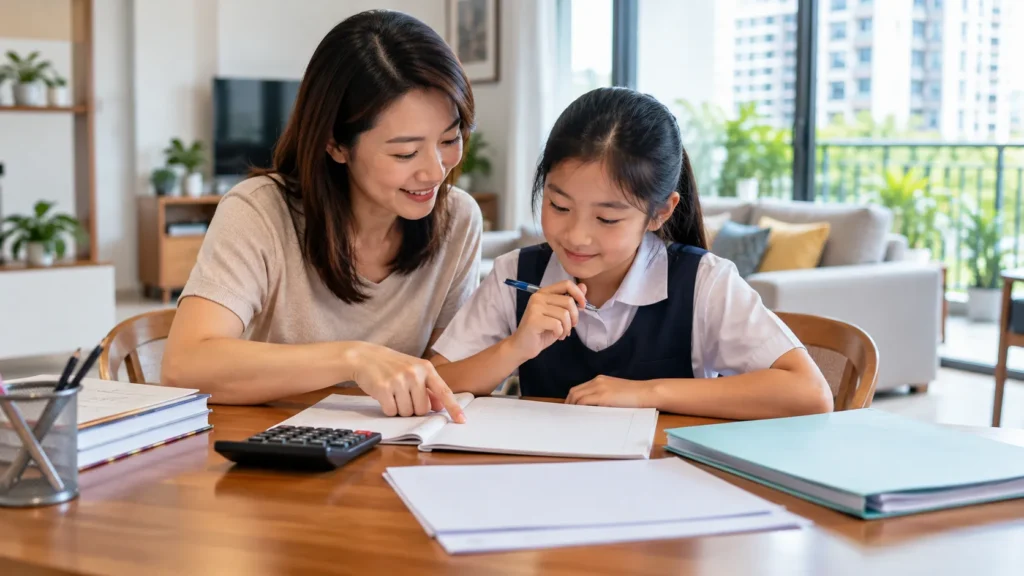 Parent and child discussing secondary school choices after the PSLE in Singapore