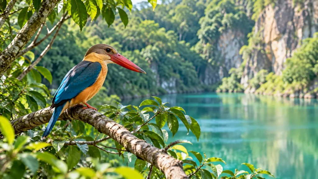 Kingfisher in a natural lakeside habitat near Singapore Quarry