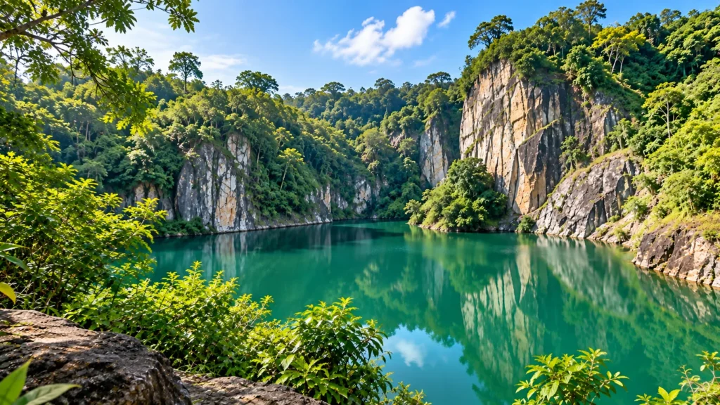 Calm Singapore Quarry lake with granite cliffs and tropical greenery