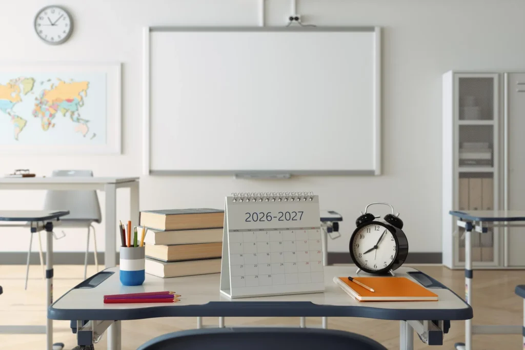 School calendar planner and stationery on a desk in a Singapore school setting