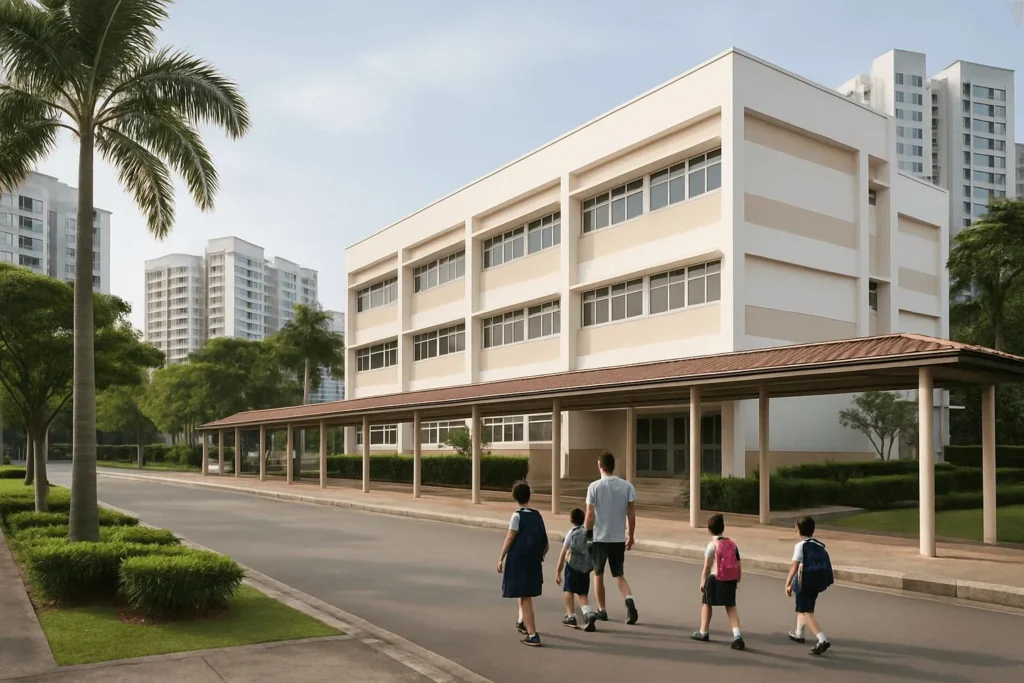 Modern Singapore school campus with a sheltered walkway and students