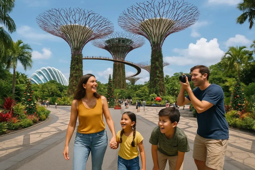 Family visiting Gardens by the Bay in Singapore during a school holiday