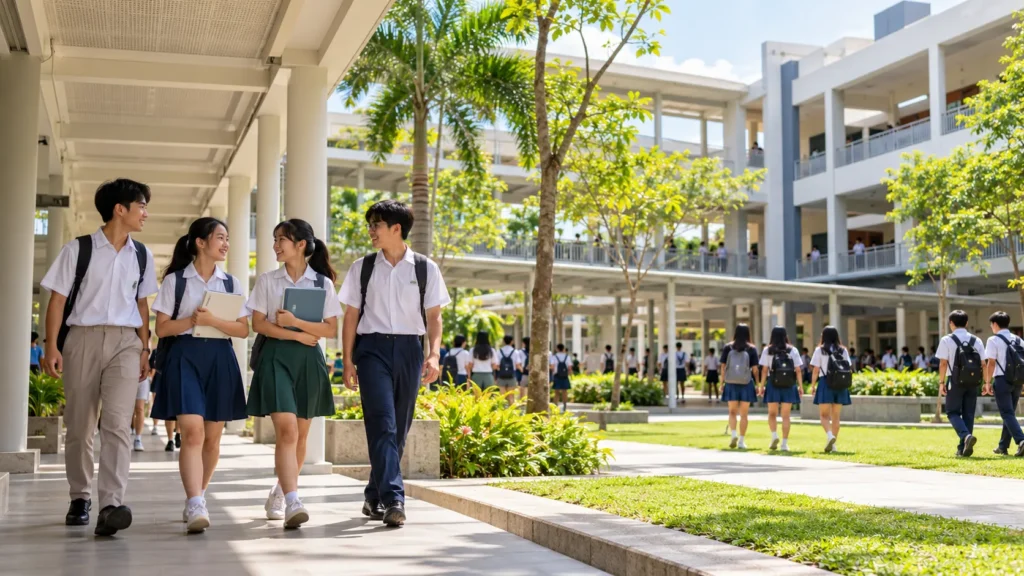 Students walking through a modern secondary school campus in Singapore