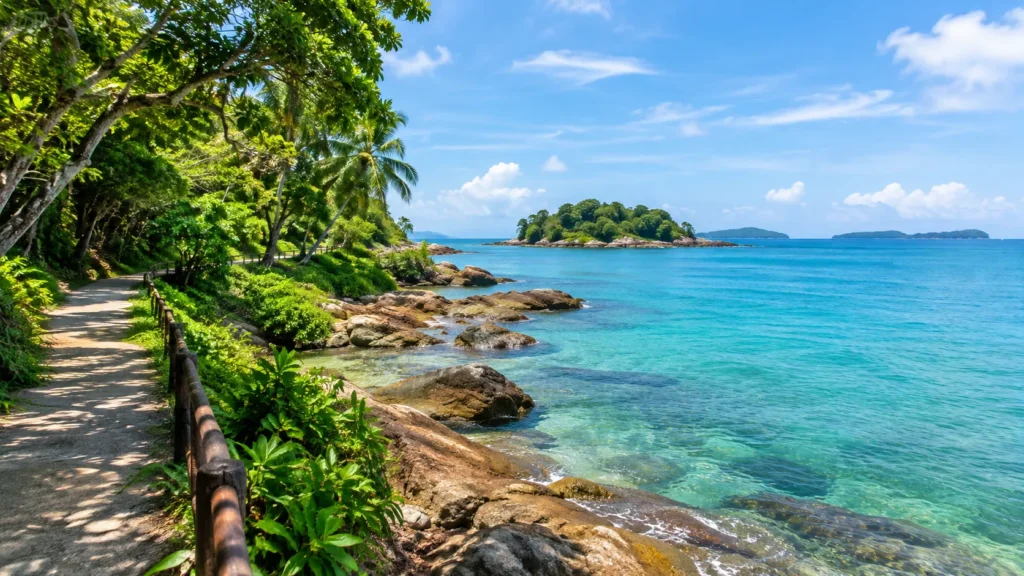 Tropical island coastline and blue sea at St John’s Island Singapore
